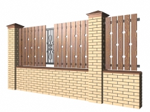 Забор с кирпичными столбами на высоком цоколе с доской РОМБЫ